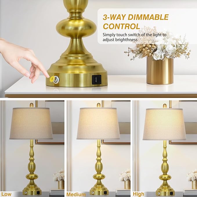 29" Modern Gold Table Lamps Set of 2, Industrial Touch Control 3-Way Dimmable Bedside Lamp with USB C+A Ports, Metal Farmhouse Nightstand Lamps for Living Room Bedroom End Tables(2 LED Bulbs Included)