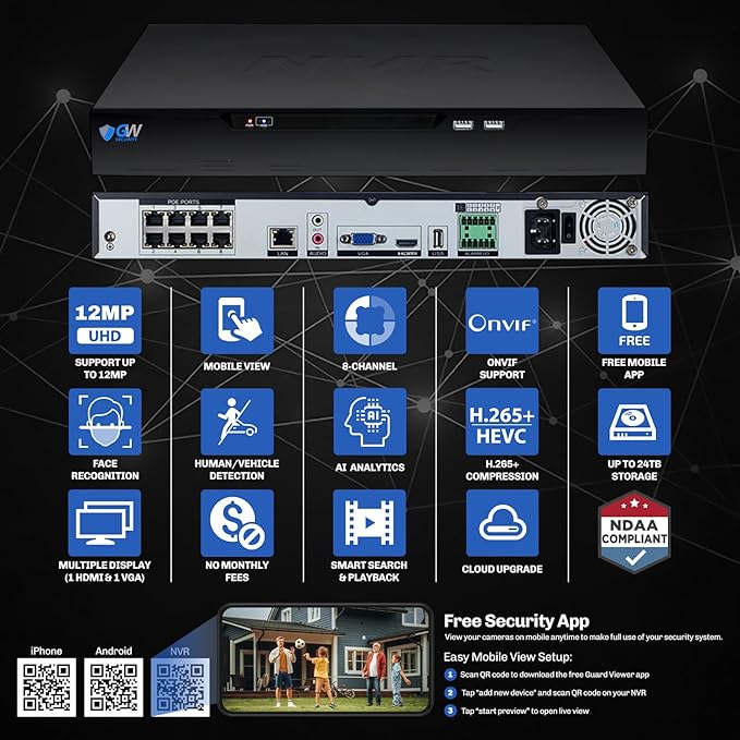 GW Security 8 Channel NVR UltraHD 4K Face Recognition NDAA & TAA Compliant Security Camera System with 8 x 8MP Waterproof 130° Wide Angle PoE Dome Cameras, 10 Smart AI Functions