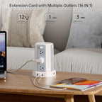 Power Strip Surge Protector, 10 Ft Extension Cord with 12 AC Multiple Outlets 4 USB (1 USB C), SMALLRT Power Tower Desktop Charging Station (White, 10 FT PD20W)