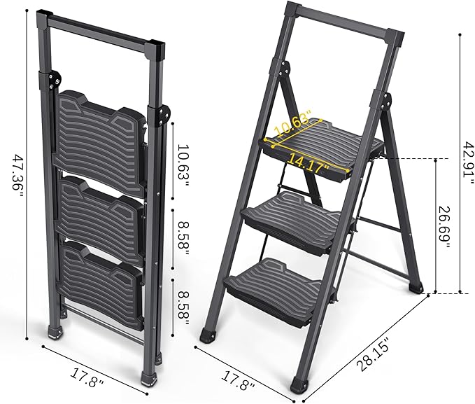 KINGRACK Step Ladder 3 Step Folding, 900lbs 3 Step Ladder with Non-Skid Wide Pedal and Handrails, Lightwight Household Ladder, Sturdy Step Stool, for Your Kitchen, Closets, Office Use, Garage, Black