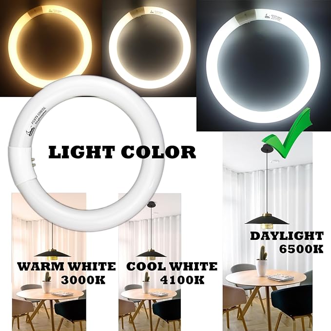 Circular Bulb FC8T9/DL, 8 Inch T9 22W Circline Fluorescent Light Bulbs, Replacement Round Fluorescent Lamp Tube, Bright Daylight 6400K 1250 Lumens, G10q 4 Pin Base, 2 Pack