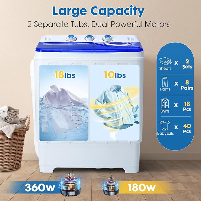 28lbs Portable Washing Machine with 18lbs Wash and 10lbs Spin, Twin Tub Washer Compact Machine with Drain Pump, Mini Portable Washer for Home, Camping, RVs, and Small Spaces, Blue