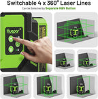 Huepar Laser Level, Self-leveling 16 Lines Green Beam 4D Cross Line Tiling Floor Laser Tool-2 x 360 Horizontal & 2 x 360 Vertical Laser Lines with Two Li-ion Batteries and Hard Carry Case-LS04CG