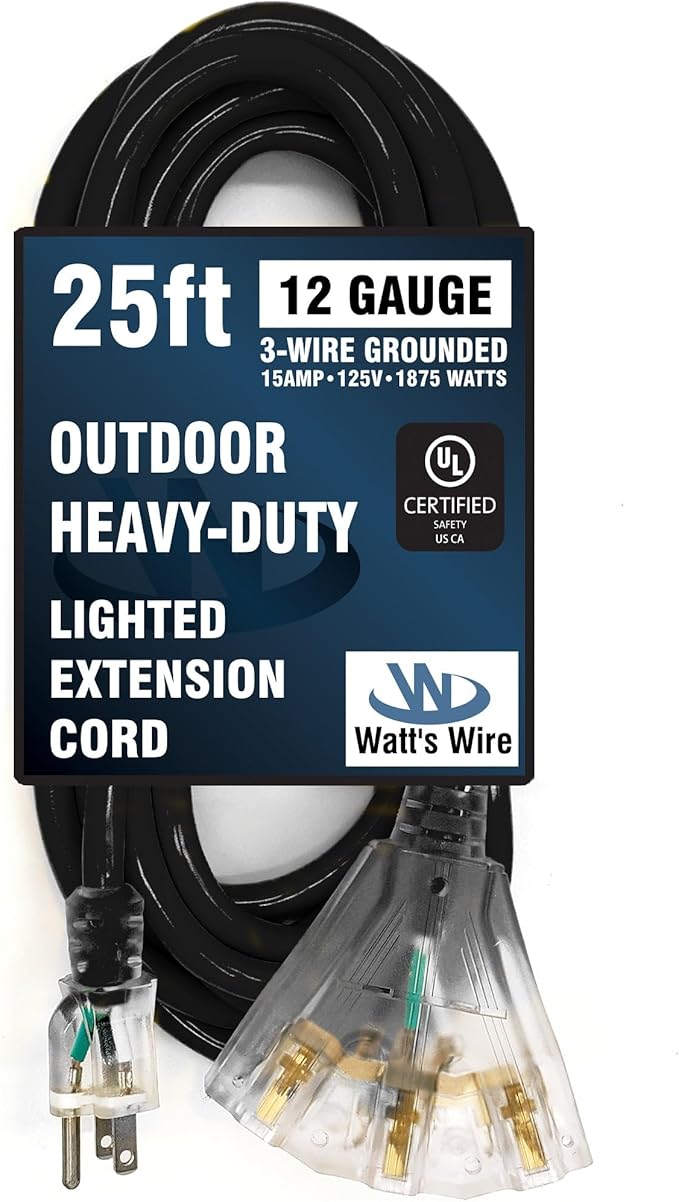 Outdoor Extension Cord Waterproof (25 ft) 12 Gauge Heavy Duty Extension Cord Splitter - Lighted Outdoor Extension Cords with Multiple Outlets - Watts Wire - 25' Grounded - extensiones electricas