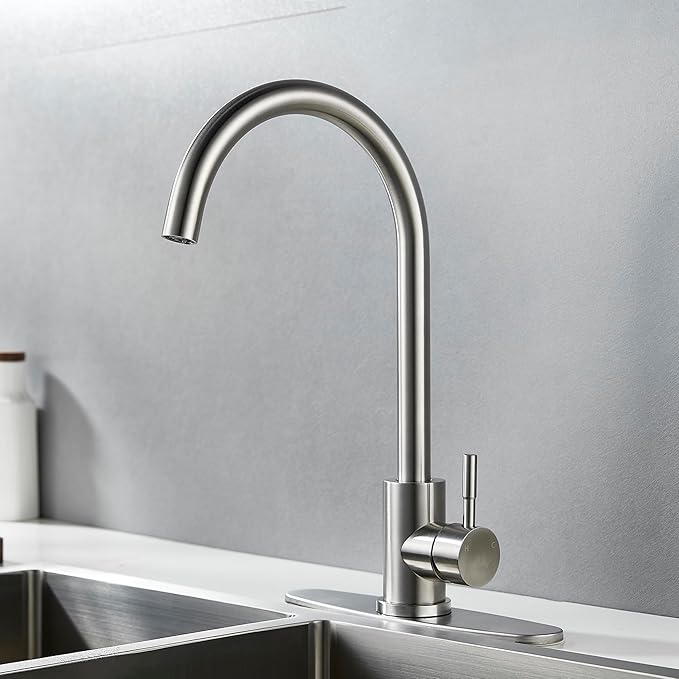 Single Handle High Arc Brushed Nickel Kitchen Faucet Stainless Steel Commercial Single Hole Kitchen Sink Faucet, Modern One Hole Bar Sink Faucet with Deck Plate