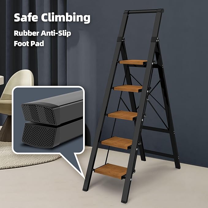 HillhutApex 5 Step Foldable Aluminum Step Ladder with Handgrip, Anti-Slip Pedal, 330 lbs Capacity, Lightweight & Portable for Home, Kitchen, Office, Garage (Black Woodgrain)