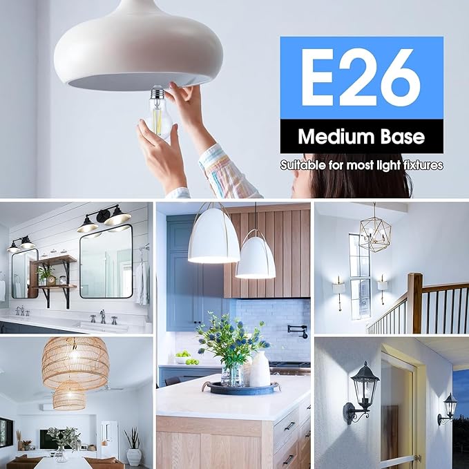 VOLIVO 12 Pack A19 Vintage LED Edison Bulbs, Dimmable, 60W Equivalent, High Brightness 5000K Daylight, Ultra-Bright, 7W E26 Standard Base, CRI80+, 800Lumens, Clear Glass Filament Bulb for Home