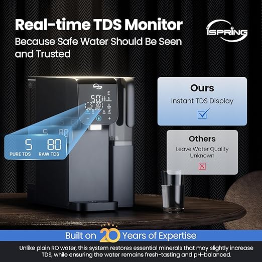 iSpring RCD100HCG Hot & Cold Reverse Osmosis System Countertop, Alkaline RO Water Filter Dispenser, 9 Temperature & 6 Dispensing Volume Options, TDS & Filter Lifespan Monitor, Plug and Play