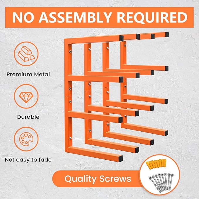 2 Pack Wood Organizer and Lumber Storage Rack Wall Mount, Heavy Duty Wood Storage Organizer Racks with 4-Level System for Garage, Workshop, Basement, Holds Up 220 LBS Per Level (Orange)