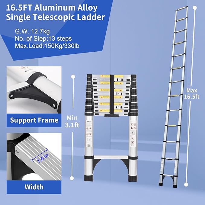 JADDUO Aluminum Telescoping Ladder - 16.5 FT Extension Ladder with 2 Triangle Stabilizers for Attic, RV, Home & Travel