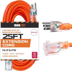 Iron Forge Cable Weatherproof 25 Ft Outdoor Extension Cord - 14/3 SJTW 15 Amp Heavy Duty Orange Extension Cord 3 Prong - Lighted End