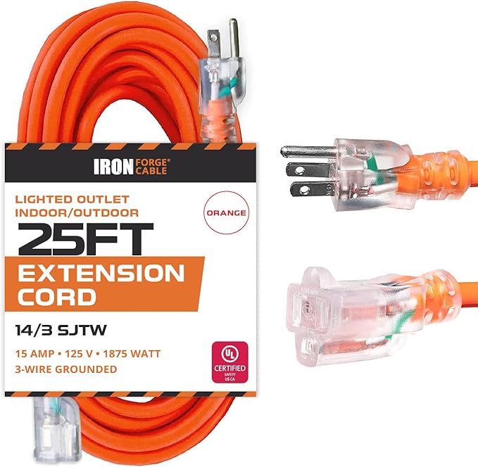 Iron Forge Cable Weatherproof 25 Ft Outdoor Extension Cord - 14/3 SJTW 15 Amp Heavy Duty Orange Extension Cord 3 Prong - Lighted End
