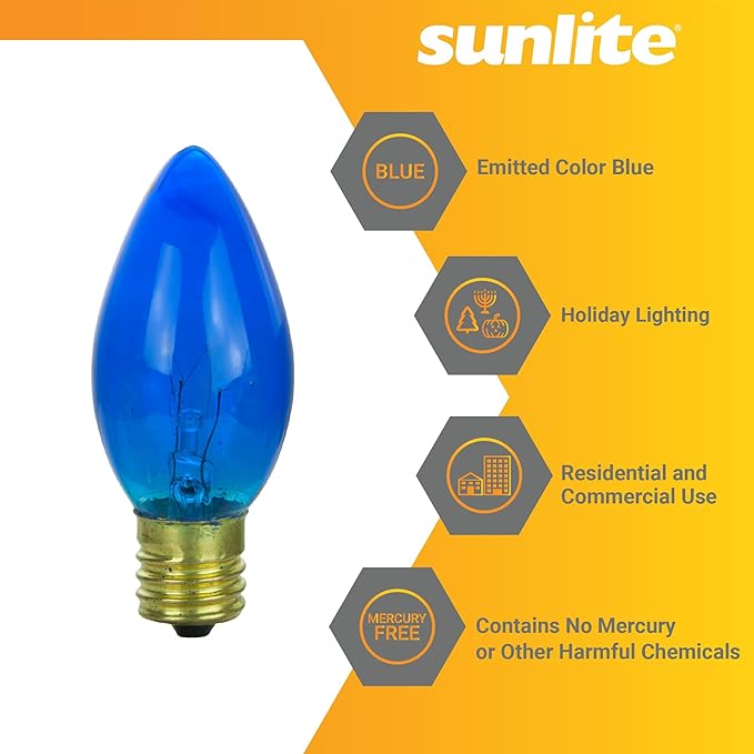 Sunlite Incandescent C9 Colored Night Light Bulb, 7 watts, 120 Volts, Intermediate E17 Screw Base, 2000 Rated Hours, Christmas-Lights Nightlight, Transparent Blue, 25 Pack
