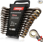 DISEN 12-Piece Reversible Ratcheting Wrench Set, Combination Wrench Set Metric 8-19MM, 72-Tooth, CR-V Steel, Nickel Plating, Crank Design with Organizer Rack