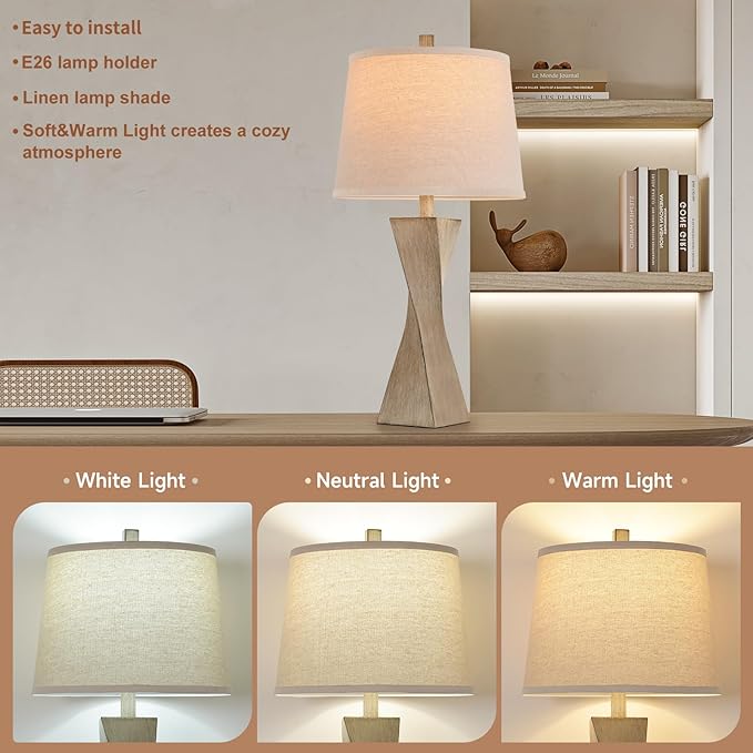 Bedside Lamps Set of 2 Unique Modern Vintage Table Lamp Rustic Farmhouse Desk Lamps for Living Room End Tables Bulb Not Included, Linen Shade, 26.5 in,Grey