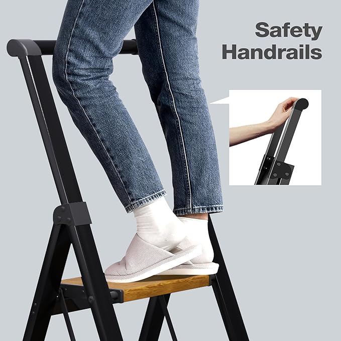 HillhutApex 3 Step Foldable Aluminum Step Ladder with Handgrip, Anti-Slip Wide Pedal, 330 lbs Capacity, Lightweight & Portable for Home, Kitchen, Office (Black & Woodgrain)