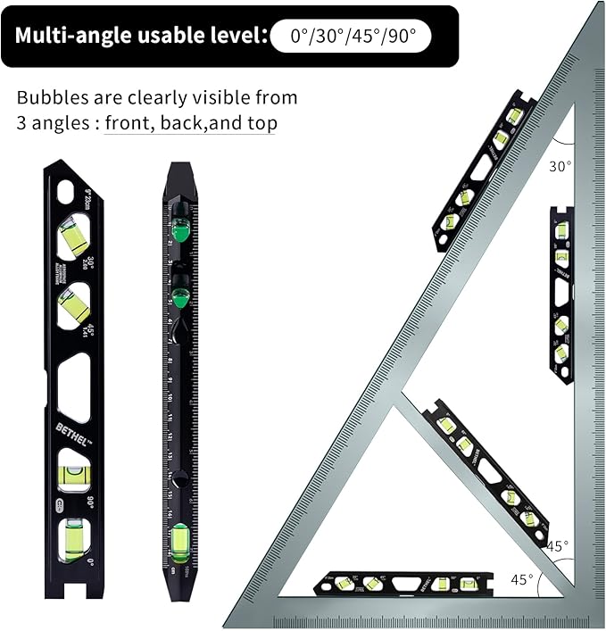 BETHEL 9 Inch Magnetic Torpedo Level with 4 Bubble Vials, V-Groove & Magnetic Rails, Black Aluminum Alloy Construction