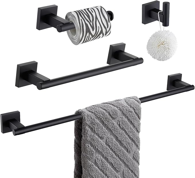 Suyar Matte Black Bathroom Hardware Set, SUS 304 Stainless Steel Bath Accessories Kit 4 PCS, Include Robe Hook, Toilet Paper Holder, Hand Towel Holder, Towel Bar, Wall Mounted