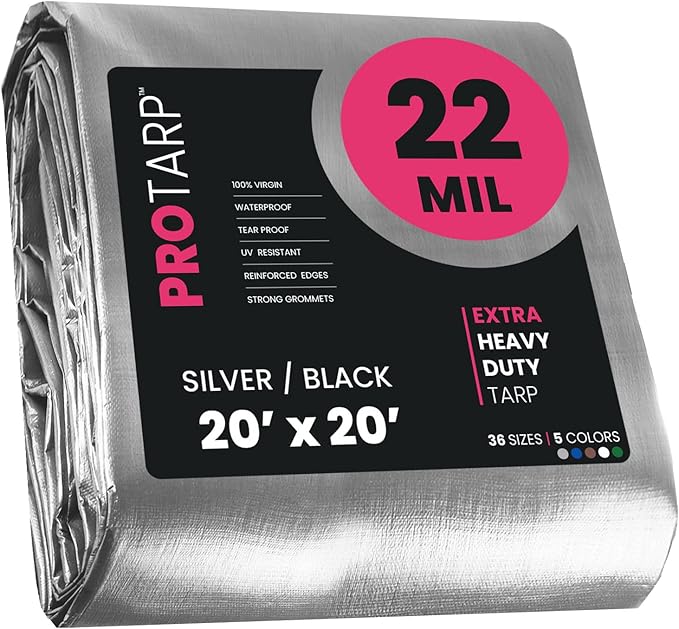 PROTARP Extreme Heavy Duty 22 Mil Tarp Cover, Waterproof, UV Resistant, Rip and Tear Proof, Poly Tarpaulin with Reinforced Edges for Roof, Camping, Patio, Pool, Boat. (Silver/Black 20′ X 20′)