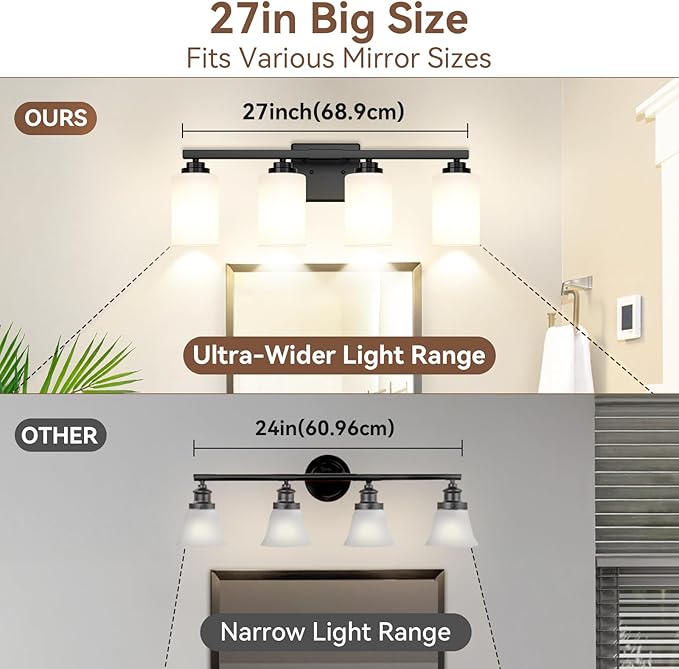 4-Light Bathroom Light Fixtures, 27" Modern Vanity Lights Over Mirror with Milky White Glass Shade, Matte Black Light Fixture, Classic Wall Light Fixture for Mirror Living Room Cabinet Bedroom Porch