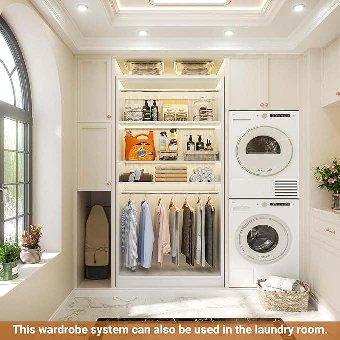 Unikito 3FT Freestanding Closet System with 2 Hanging Rods & Adjustable Shelve, 36'' Wood Closet Organizer System, Clothes Garment Rack, Sturdy Walk-in Closet Tower, Easy Assembly, Hold 800LBS, White