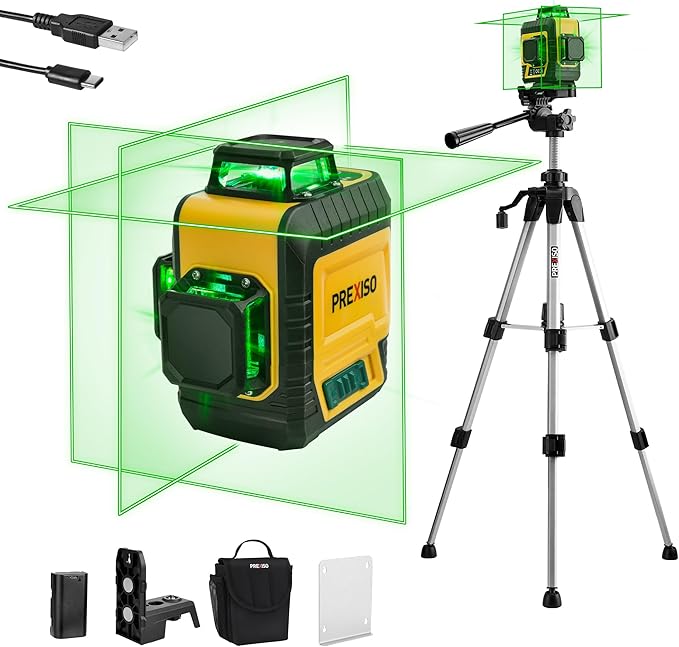 PREXISO 3 X 360° Laser Level with Tripod - Rechargeable 82Ft Cross Line Leveler, Green Line Laser Level Self Leveling for Construction, Tile, Home Renovation with Magnetic Base, Iron Plate, Bag