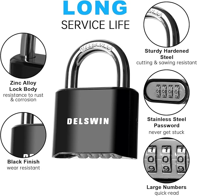 DELSWIN 4-Digit Combination Lock Outdoor Padlock - Heavy Duty Locker Lock with Hardened Steel Shackle, Waterproof Combo Lock for Gym Locker, Hasp Storage, Shed, Fence, Gate (Black,1Pcs)