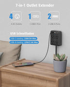 Flat Electrical Outlet Extender with USB C Ports, 4 Outlet 3 USB Wall Plug, 6 ft Ultra Thin Extension Cord, Flat Plug Power Strip Surge Protector for Home, Office. Black