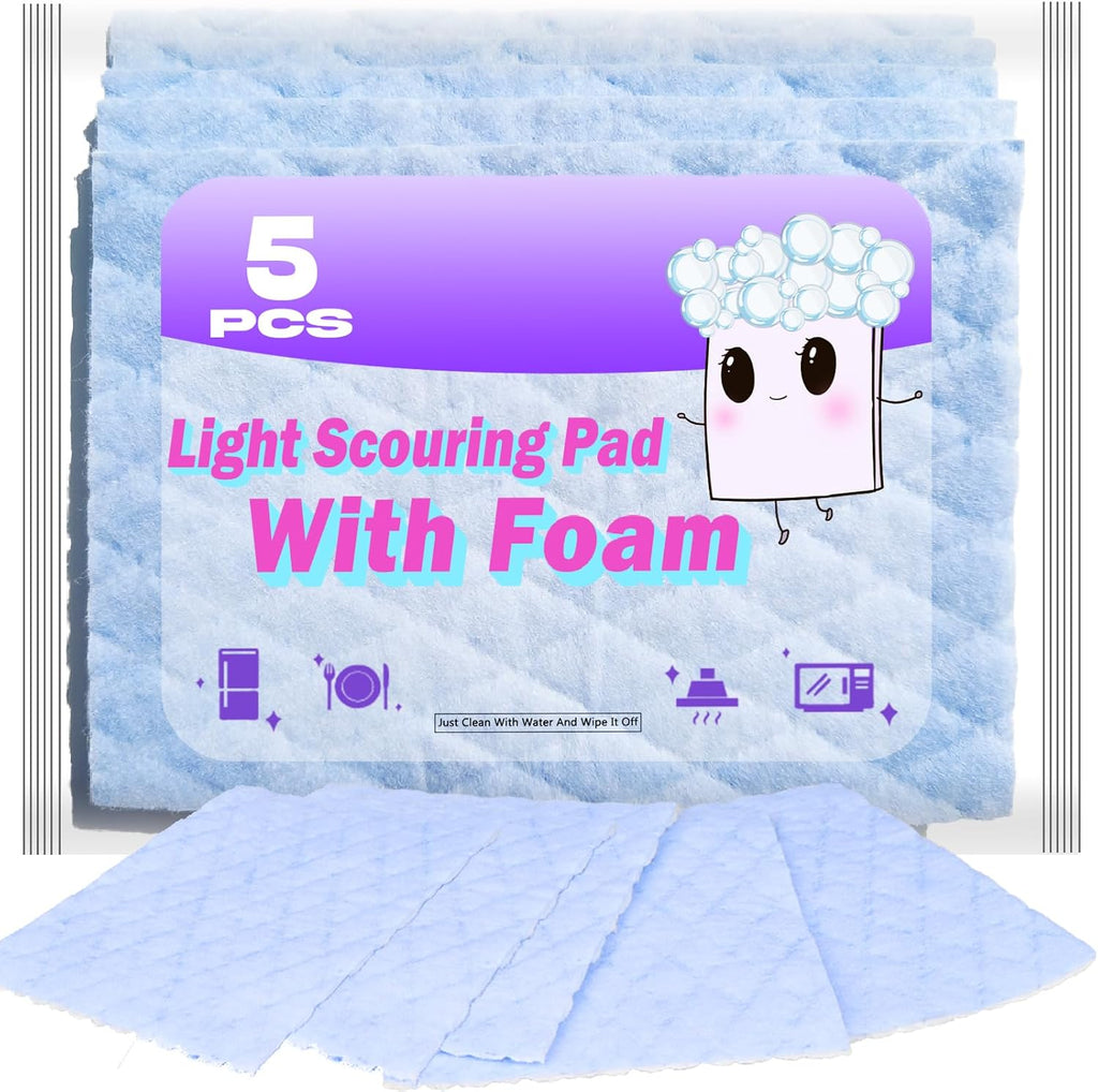 5 pcs Light Scrub Pad Singles with Foam, Triple Cleaning Scouring Pad Heavy Duty Household Non-Scratch Abrasive Hand Pad Multi Surface Magic Sponge Sheets for Home Surfaces Indoor Cleaning