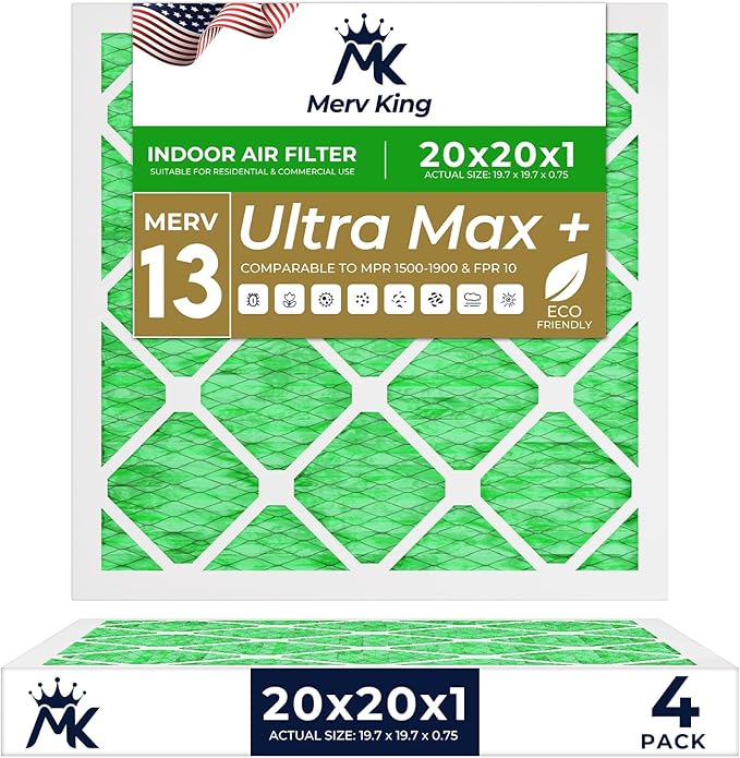 MervKing 20x20x1 Air Filter Actual Size: 19.7" x 19.7" x 0.75" MERV 13 MPR 1500-1900 | MADE IN USA | 4-Pack | Pleated HVAC AC Furnace Replacement