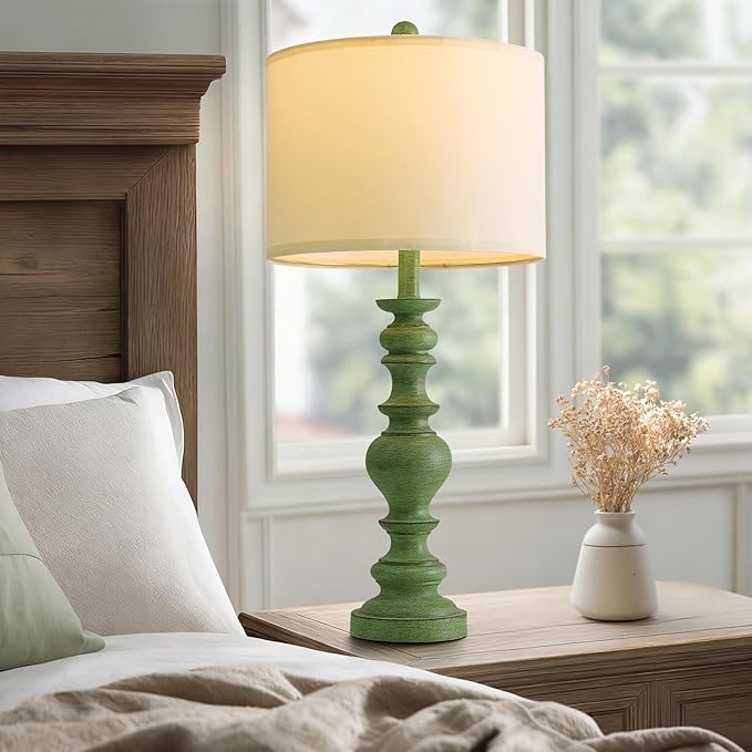 BOBOMOMO 27" Sage Green Table Lamps Set of 2, Large Farmhouse Resin Lamps with Linen Shades, Green Vintage Lamps for Living Room, Bedroom, or Entryway, Rustic Elegant Home Décor