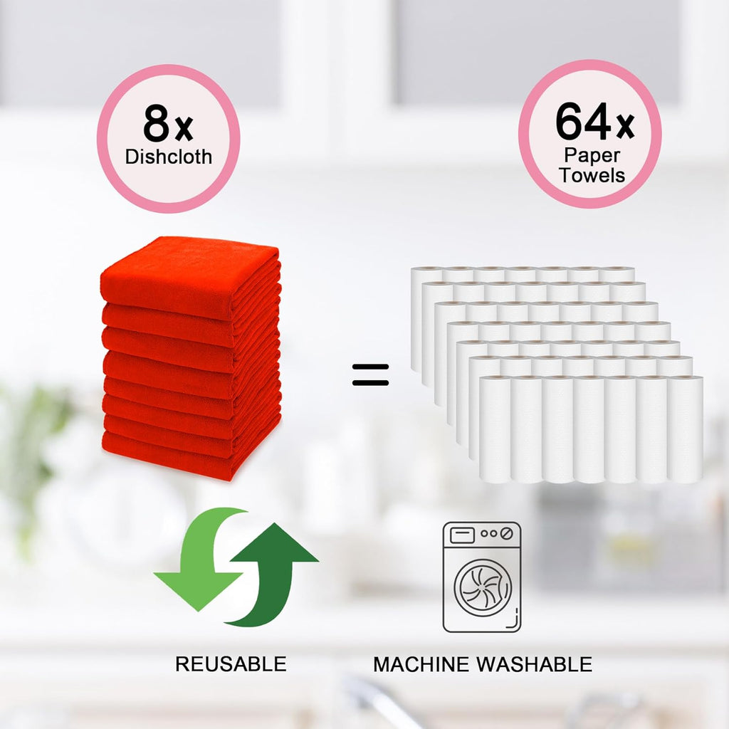kimteny 13x28 Inches Kitchen Cloth Dish Towels, 400 GSM Premium Dishcloths, Super Absorbent Coral Velvet Microfiber Cleaning Cloths, Fast Drying Rags for Washing Dishes (8 Pack, Red)