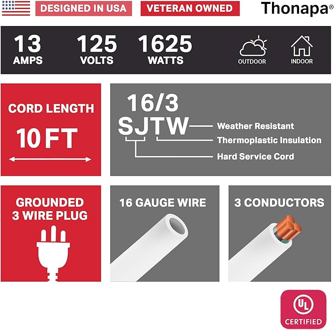 10 Ft Extension Cord with 3 Prong - White 10 ft Great for Indoor & Outdoor - 16/3 SJTW Weatherproof Extension Cord
