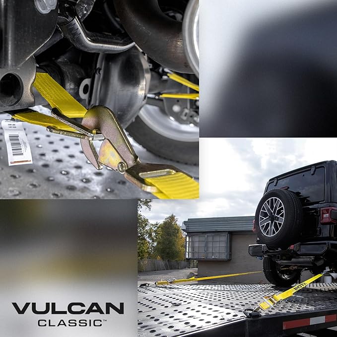 VULCAN Ultimate Axle Tie Down Kit - Classic Yellow Webbing - Includes (2) 22 Inch and (2) 36 Inch Axle Straps, (2) 96 Inch Snap Hook Ratchet Strap, and (2) 112 Inch Loop Tie Down Combinations
