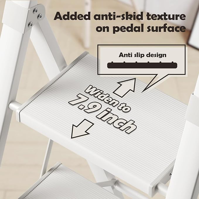 Taranta 3 Step Ladder, Portable Folding Ladder with Wide Pedal, Lightweight Aluminum Step Stool with Convenient Handgrip, 330 lbs Capacity Stepladder for Home, Office - White