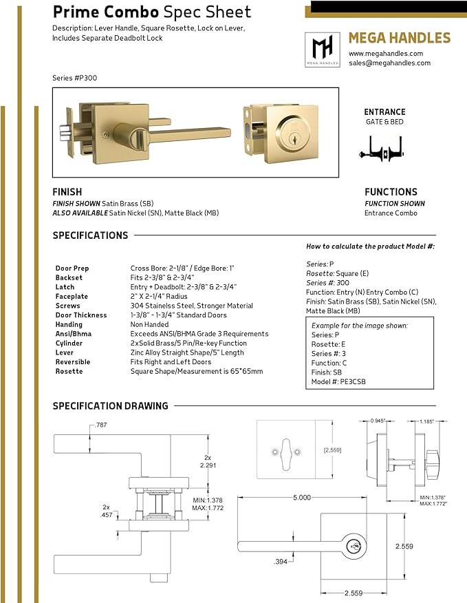 Mega Handles Prime Entrance Combo, Entry Lever Door Handle and Single Cylinder Deadbolt Lock and Key Combo, Heavy Duty Square Locking Door Levers Set for Left or Right-Handed Doors - Polished Chrome