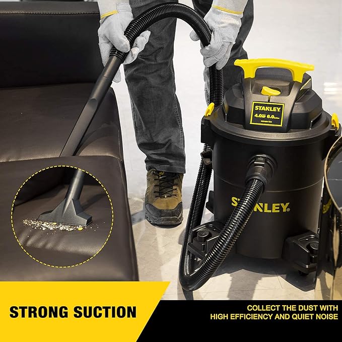 STANLEY 6 Gallon Wet Dry Vacuum, 4 Peak HP Poly 3 in 1 Shop Vac Blower with Powerful Suction, Multifunctional Shop Vacuum W/ 4 Horsepower Motor for Job Site,Garage,Basement,Workshop SL18116P