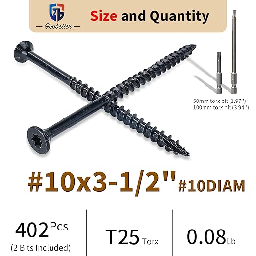 Deck Screws 3-1/2 Inch, 400 Pcs Wood Screws #10 x 3-1/2" for Construction Fence, Rust Resistant, Torx/Star Drive Head, 2 Pcs T25 Star Bits Included, Black