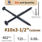 Deck Screws 3-1/2 Inch, 400 Pcs Wood Screws #10 x 3-1/2" for Construction Fence, Rust Resistant, Torx/Star Drive Head, 2 Pcs T25 Star Bits Included, Black