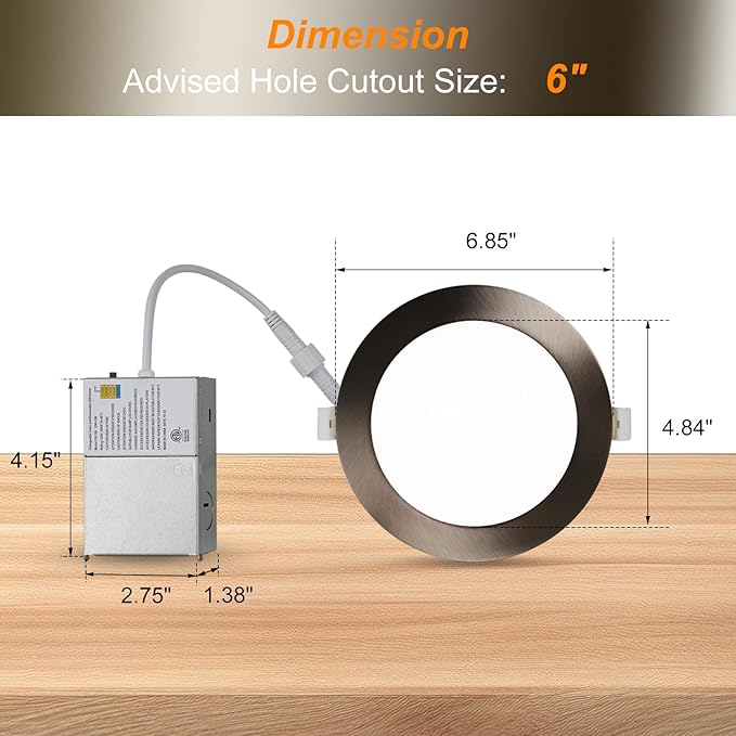 ZYC Recessed Lighting 6 Inch - 12W 1100LM LED Recessed Ceiling Light with Night Light,2700K/3000K/3500K/4000K/5000K Selectable Ultra-Thin Lighting,Dimmable Canless Wafer Downlight,Pack of 6（Bronze）.