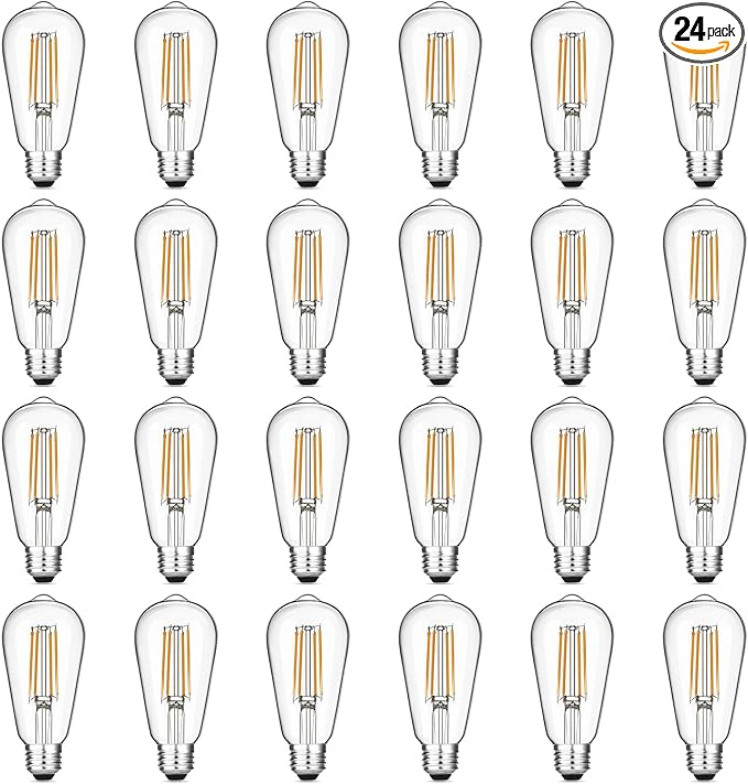 Vintage LED Edison Bulb Dimmable 60W Equivalent 750 Lumens, 6W Light Bulbs Warm White 2700K, Antique ST58 Filament Bulb E26 Base, CRI 90+, Clear Glass, Pack of 24