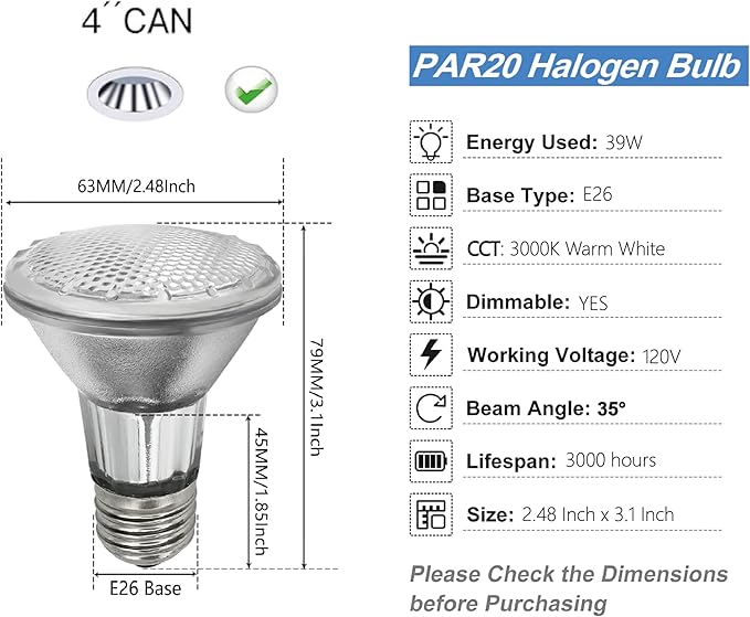 PAR20 Halogen Light Bulbs 3 Pack 120V 39w Dimmable (PAR20 50W Equivalent), E26 Medium Base Flood Light Bulbs with 3000k Warm White for Kitchen Stove Hood and Range Hood Light Bulb.