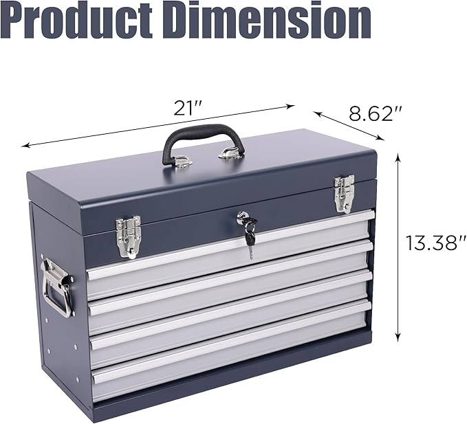 4 Drawers Metal Tool Box, 21" Portable Steel Tool Chest w/Key Lock & Latch Closure, Multi-Function Top Storage Tray Toolbox w/Powder Coating & Ball Bearing Slides for Garage (Antique Grey)