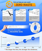 Heavy Duty Mounting Tape with Inch Measure Mark, Removable Clear Traceless Double Sided Strong Adhesive Tape for Wall, Carpet, Poster, Dorm Room, No Residue 1.18" x 15Ft