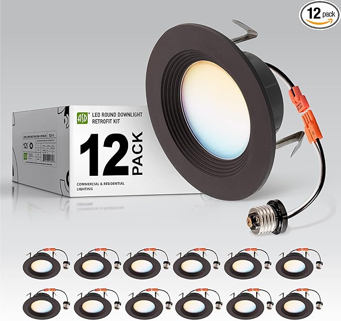 ASD Retrofit LED Recessed Lighting 4 Inch | 9W 700 Lm Wet Rated Dimmable Ceiling Downlights | 2700K-5000K Adjustable CRI90 Bronze Room Recessed Light Fixtures | LED Can Lights, UL 12 Pack