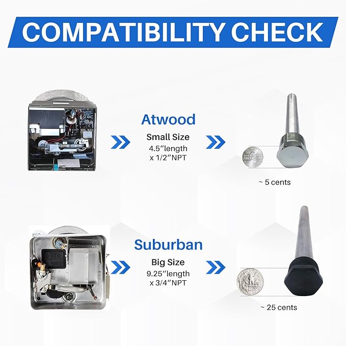 4.5" x 1/2" NPT RV Water Heater Anode Rod Replacement for Atwood 91857 Tank Drain Plug, 2 Pcs, Rust-Resistant Hex Head, Soften Hard Scale and Keep Heating Element Clean & Efficient