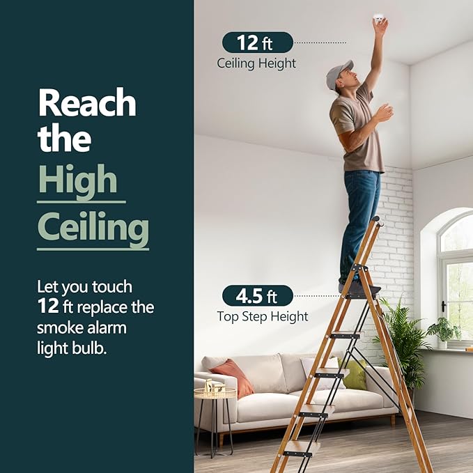 WOA WOA 6 Step Ladder, Folding Ladder with Handrails for High Ceilings, Indoor Tall Ladders with Wide Pedals, Lightweight Aluminum Stepladder for Home 300lbs - Wood Grain