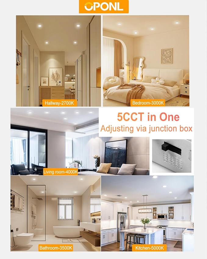 12 Pack LED Recessed Lighting 4 Inch with Junction Box, 5CCT Ultra-Thin Recessed Light, 700LM High Brightness, Dimmable Canless Wafer Downlight, 8W, FCC&ETL