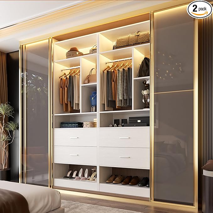 4FT Closet System with 4 Wood Drawers, 48" Closet Organizer System with 10+ Small Shelves & 2 Hanging Rods, Walk-in/Nursery Closet Systems, Set of 2, White (48" L x 15" W x 80" H)