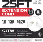 Iron Forge Cable Weatherproof 25 Ft Outdoor Extension Cord - 14/3 SJTW Heavy Duty White Extension Cord 3 Prong - 15 Amp Exterior Power Cable